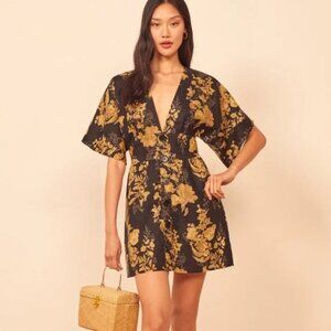 Reformation Ty Linen Plunge Kimono Sleeve Mini Dress 6